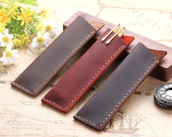 Handmade Genuine Leather Pen Pencil Bag, Rustic Leather Fountain Pen Holder  Case Pouch, Custom Name Leather Ball-point Pen Sleeve 