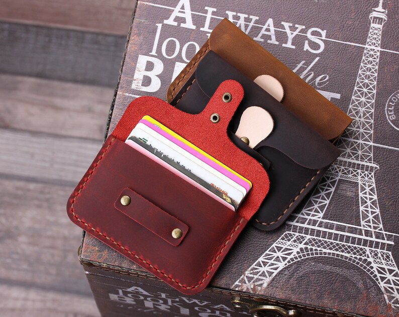 Cartera de cuero personalizada para tarjetas, tarjetero pequeño personalizado, funda minimalista de cuero para tarjetas, billetera con bolsillo frontal, regalo de cuero hecho a mano imagen 4