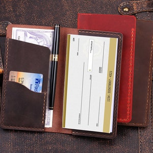 Funda para chequera hecha a mano, porta chequera plegable, billetera de cuero genuino para chequera, regalo para padre, esposo, novio