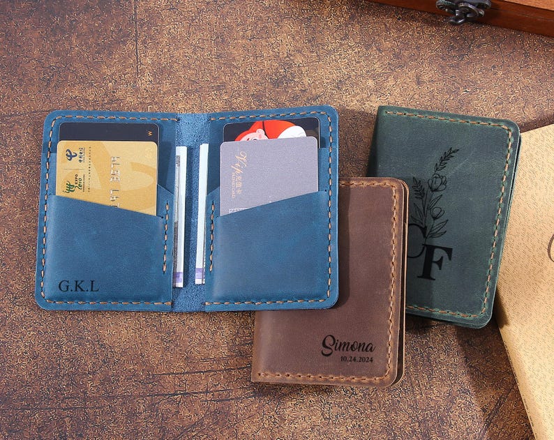 Cartera de cuero hecha a mano para hombre - Cartera de cuero minimalista personalizada para tarjetas de crédito - Cartera de cuero con bolsillo frontal - El mejor regalo para él/ella imagen 8