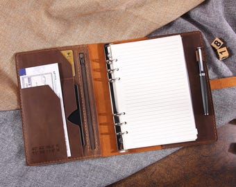Agenda de cuero personalizada A5 rellenable, carpeta de 6 anillas con bolsillo con cremallera, diario de viaje, cuaderno de bocetos