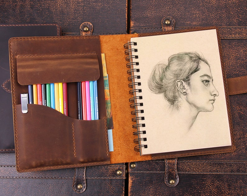 Handmade Leather Sketchbook Cover, Personalized Artists gifts, Leather Artist Sketch Pad Cover for 5.5x8.5, Refillable leather sketchbook image 5