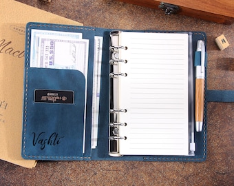 Personalized Refillable 6 Ring Binder Rustic Leather A6 Journal with Pen Holder, Handmade Leather A6 Planner Sketchbook Notebook