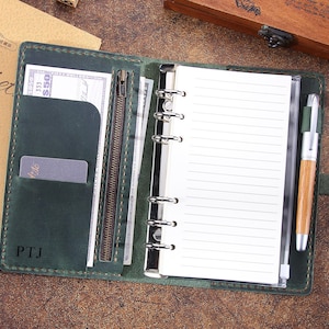 Personalized Genuine Leather A6 / 4.1x5.8&quot; Diary Planner Notebook, Handmade Ring Binder A6 Journal with Zipper Pocket, Gift for Her