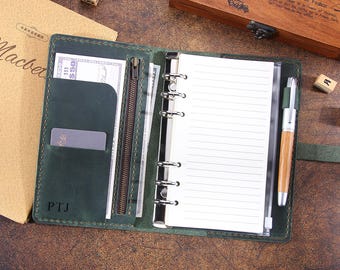 Agenda A6 personalizada de cuero genuino, libreta de anillas hecha a mano, tamaño A6, con bolsillo con cremallera, regalo para ella.