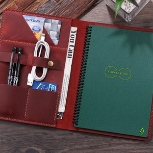 Personalized Leather Portfolio folder for Rocketbook Reusable Smart notebook, Leather Cover for Rocketbook Everlast Executive Size 6x8.8 Wine