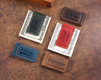 Personalized Magnetic Leather Money Clip, Groomsmen Money clip, Engraved Magnet Money Clip, 3rd Anniversary, Wedding Gift,Money Clip for Men