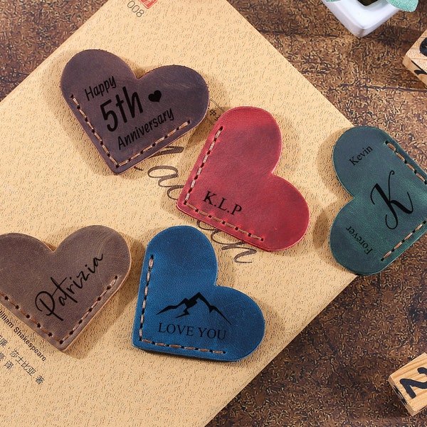 Conjunto de 2 Marcadores de Página em Couro, Marcador de Página em Couro Gravado, Mini Marcador de Canto Personalizado, Marcador de Página em Couro para Leitor, Presente de Dia dos Namorados