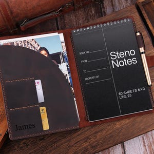 Personalized Leather Steno Pad 6&quot;x9&quot; Holder, Folio Cover Compatible with 6&quot;x8.8&quot; Top Bound Notepad, Custom Leather 6x9 Leahter journal Cover
