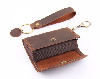 Handmade Genuine Leather Credit Card Wallet Holder,Credit Card Organizer for Women Men,Small Coin Purse Wallet Keychain, Gift For Him / Her