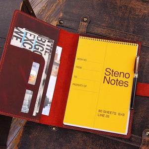 Handmade Leather Steno Pad 6"x9" Holder, Custom Folio Coverfor 6"x9" Top Bound Spiral Notebook, A5 Document Portfolio, Gift for Him/ Her Wine
