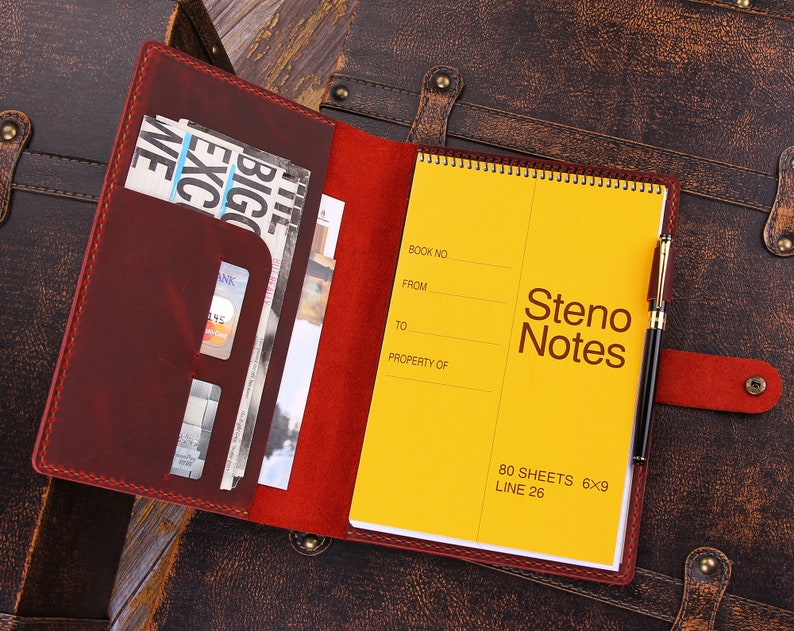 Handmade Leather Steno Pad 6"x9" Holder, Custom Folio Coverfor 6"x9" Top Bound Spiral Notebook, A5 Document Portfolio, Gift for Him/ Her Wine