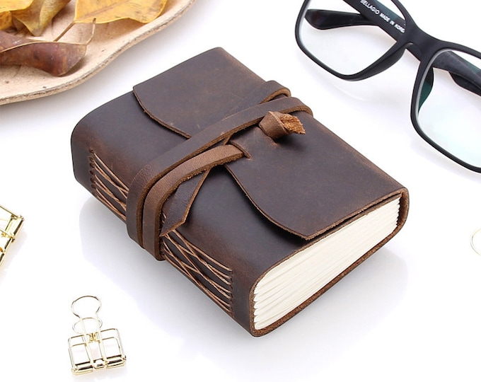 Mini Leather Journal Travel Notebook, Handmade Vintage Leather Scrapbook, Personalized Leather Bound Journal, Handmade Notebook, Free Stamp