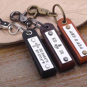 Personalized Mens Leather Keychain -Set of 3 Leather Keychain -  Custom Text or Coordinates Key Fob - Christmas Gift