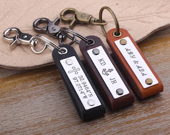 Personalized Mens Leather Keychain -Set of 3 Leather Keychain -  Custom Text or Coordinates Key Fob - Christmas Gift