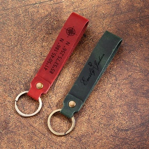 Handmade Coordinates Key Chain, Personalized Name Leather Keychain, Longitude Latitude keychain, Couple Gift, Gift for Him, Anniversary Gift