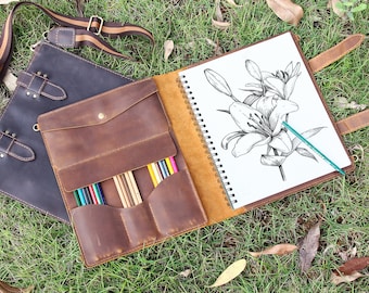 Funda de cuero para cuaderno de bocetos hecha a mano, regalos vintage para artistas, funda de cuero para cuaderno de bocetos de 9" x 12", cuaderno de bocetos de cuero rellenable