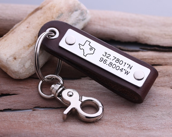 Personalized GPS Coordinate Keychain Leather Latitude Longitude Keychain Leather State Map Key Chain gift for Him Valentine s Day Gift Etsy