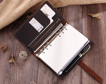 Personalized Refillable 6 Ring Binder Rustic Leather A6 Journal with Pen Holder, Unique Leather A6 Planner Sketchbook Notebook