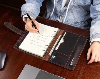 A5 Refillable Leather Notebook, Genuine Leather 6 Ring Planner, Personalized Daily Notebook,  Handmade Leather Portfolio for Men and Women
