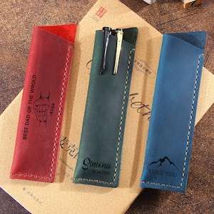 Personalized Genuine Leather Pen Pencil Bag, Custom Rustic Leather Fountain Pen Holder Case Pouch, Leather Ball-point Pen Sleeve