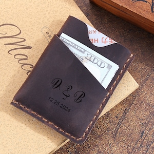 Porta carte in pelle fatto a mano, portafoglio sottile in pelle inciso personalizzato, tasca frontale minimalista per uomo