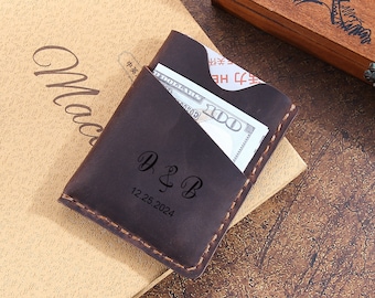 Tarjetero de cuero hecho a mano, billetera delgada de cuero personalizada con grabado, bolsillo frontal minimalista para hombres