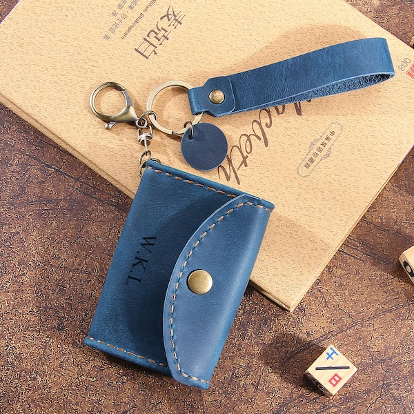 Personalized Leather Credit Card Wallet Holder,Credit Card Organizer for Women Men,Handmade Small Coin Purse Wallet Keychain