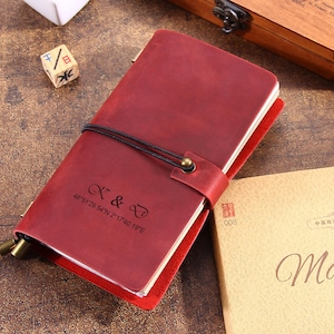 May include: A burgundy leather journal with a black elastic closure and a brass accent. The cover features an embossed design and coordinates. A book with the title "Macbe" is visible in the background.