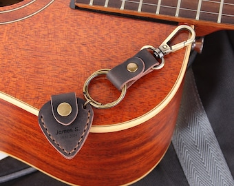 Handmade Guitar Pick Holder,Guitar Pick Case, Genuine Leather Keychain with Guitar Pick Holder Unique Gifts for the Guitar Player Guitarist