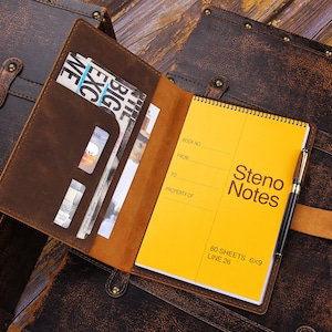 Handmade Leather Steno Pad 6"x9" Holder, Custom Folio Coverfor 6"x9" Top Bound Spiral Notebook, A5 Document Portfolio, Gift for Him/ Her Brown