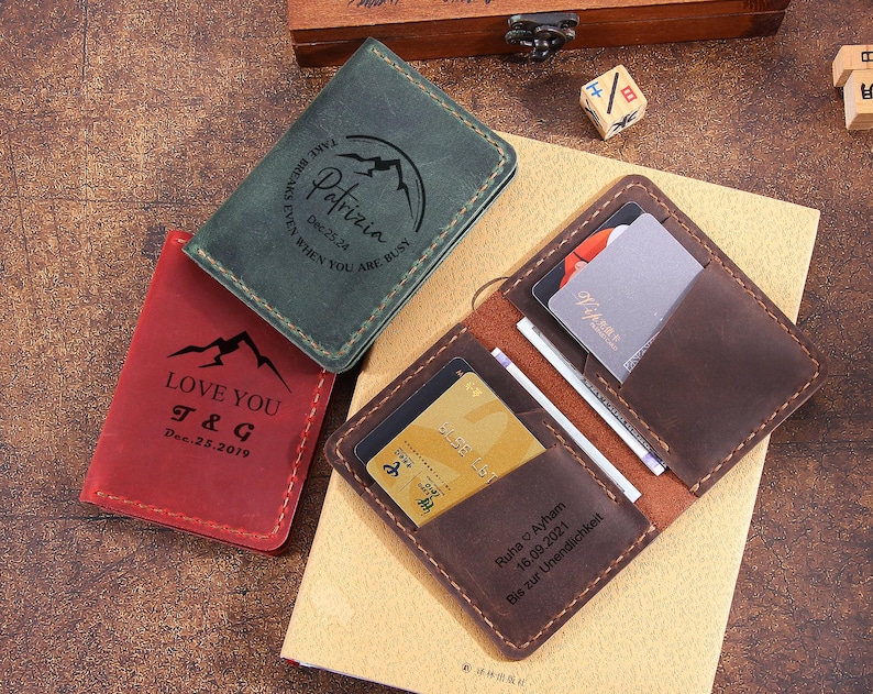 Cartera de cuero hecha a mano para hombre - Cartera de cuero minimalista personalizada para tarjetas de crédito - Cartera de cuero con bolsillo frontal - El mejor regalo para él/ella imagen 9