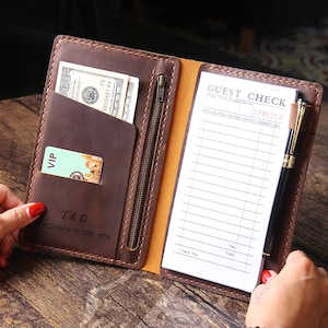 Organizador de livros de servidor feito à mão com bolso com zíper, porta-cartões de couro para apresentadores de cheques de clientes de restaurante para garçonete, garçom, barman