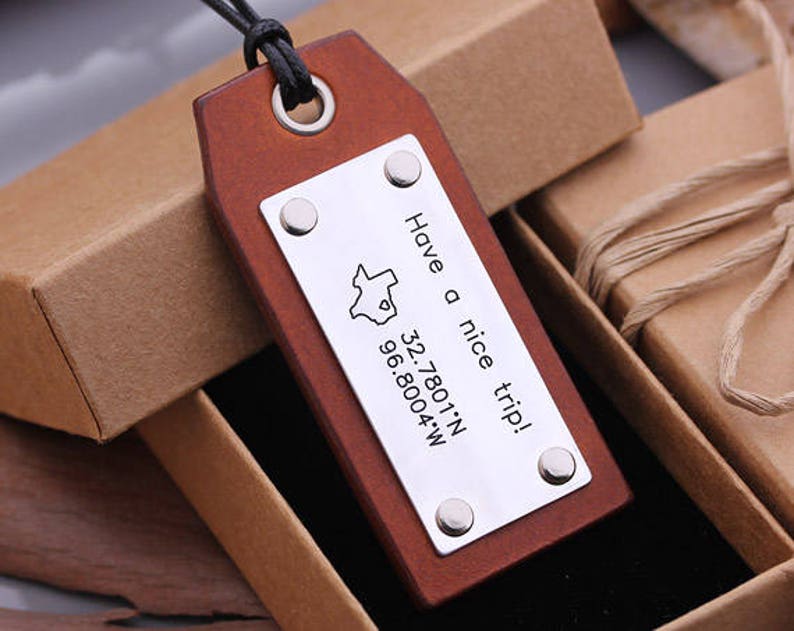 Personalized Leather Luggage Tag GPS Coordinates Travel Tag Etsy