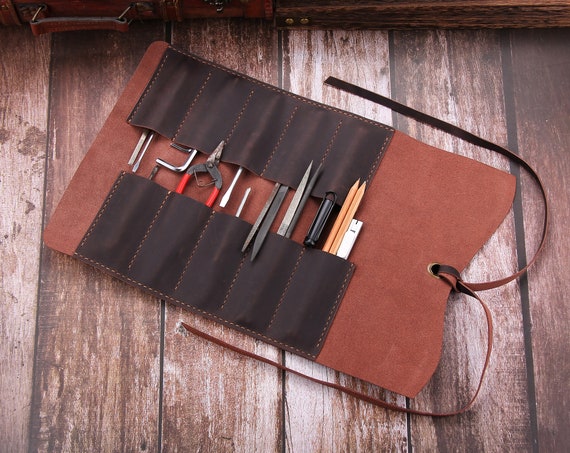 Leather pencil roll, Leather roll up pencil case, Leather pencil