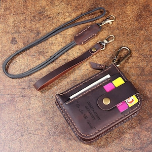 Portafoglio in pelle con cerniera personalizzato, portamonete da polso in vera pelle fatto a mano, porta carte con cordino, porta carte in pelle per uomo e donna