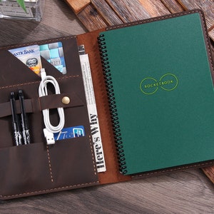Personalized Leather Portfolio folder for Rocketbook Reusable Smart notebook, Leather Cover for Rocketbook Everlast Executive Size 6x8.8 Coffee