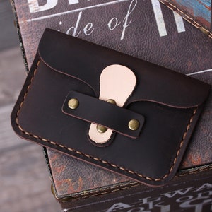 Cartera de cuero personalizada para tarjetas, tarjetero pequeño personalizado, funda minimalista de cuero para tarjetas, billetera con bolsillo frontal, regalo de cuero hecho a mano Coffee