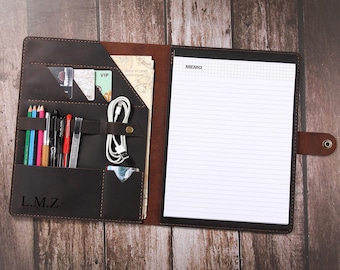 Persaonlized Leather Portfolio, Leather Organizer Planner, A4 Document Padfolio, Leather Notepad Holder for Writing Pads Cover