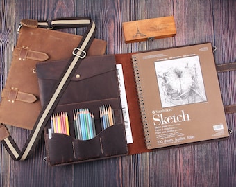 Personalisierte Skizzenblock Hülle, handgefertigte Leder Skizzenbuch Hülle für 11 "x14 Skizzenbuch mit abnehmbarem Schultergurt