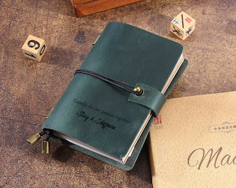 May include: A green leather journal with a black elastic closure and a brass clasp. The journal has the text "Grateful for our journal together! Stacy & Schiffman" engraved on the front cover.