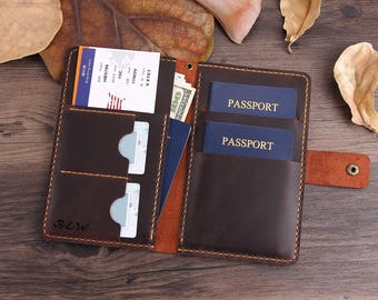 Personalized Leather Passport Cover Case Wallet, Leather Holder for 2 Passports, Handmade Travel Document Organizer With Wristlet Strap