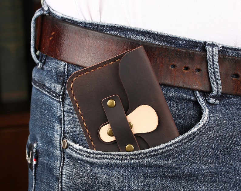 Cartera de cuero personalizada para tarjetas, tarjetero pequeño personalizado, funda minimalista de cuero para tarjetas, billetera con bolsillo frontal, regalo de cuero hecho a mano imagen 8