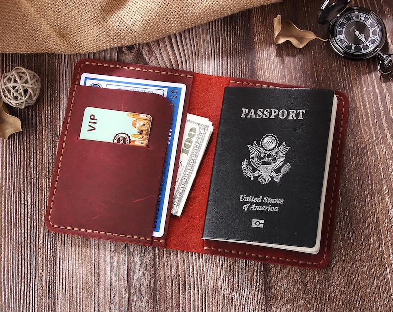 Cartera de cuero personalizada para pasaporte, billetera de viaje de cuero hecha a mano, estuche para pasaporte, porta pasaporte de cuero, billetera para documentos, regalo de graduación Wine