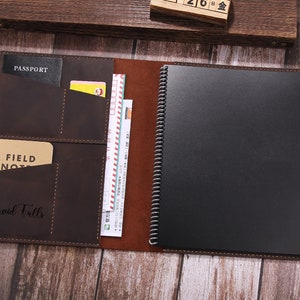 Couverture en cuir personnalisée pour cahier à reliure métallique de format Lettre (8,5 x 11 po.), organiseur de cahier en cuir personnalisé avec passant pour stylo et porte-cartes