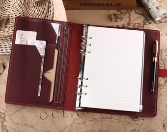Monogrammiertes A5-Notizbuch mit individueller Gravur, nachfüllbares Ringbuch-Tagebuch aus Leder mit Reißverschlusstasche, Muttertagsgeschenk