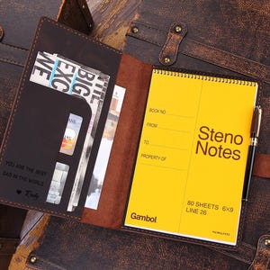 Handmade Leather Steno Pad 6&quot;x9&quot; Holder, Custom Folio Coverfor 6&quot;x9&quot; Top Bound Spiral Notebook, A5 Document Portfolio, Gift for Him/ Her