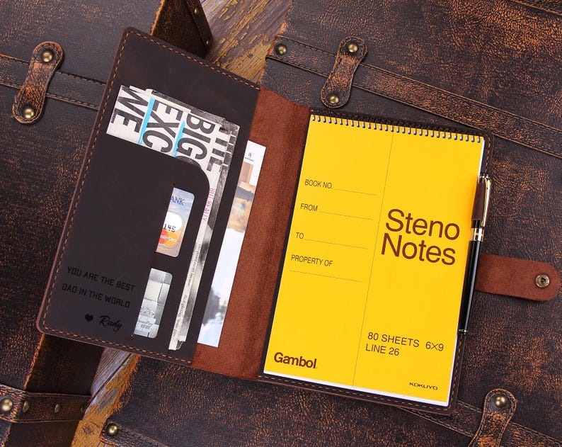 Handmade Leather Steno Pad 6"x9" Holder, Custom Folio Coverfor 6"x9" Top Bound Spiral Notebook, A5 Document Portfolio, Gift for Him/ Her image 1