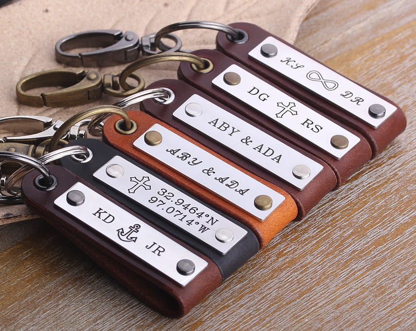 Personalized Mens Leather Keychain - Custom Latitude Longitude Keyring ...