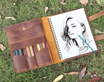 Funda de cuero hecha a mano para cuaderno de bocetos, regalos personalizados para artistas, funda de cuero para bloc de dibujo de artista de 9"x12", funda para cuaderno, rollo para artista